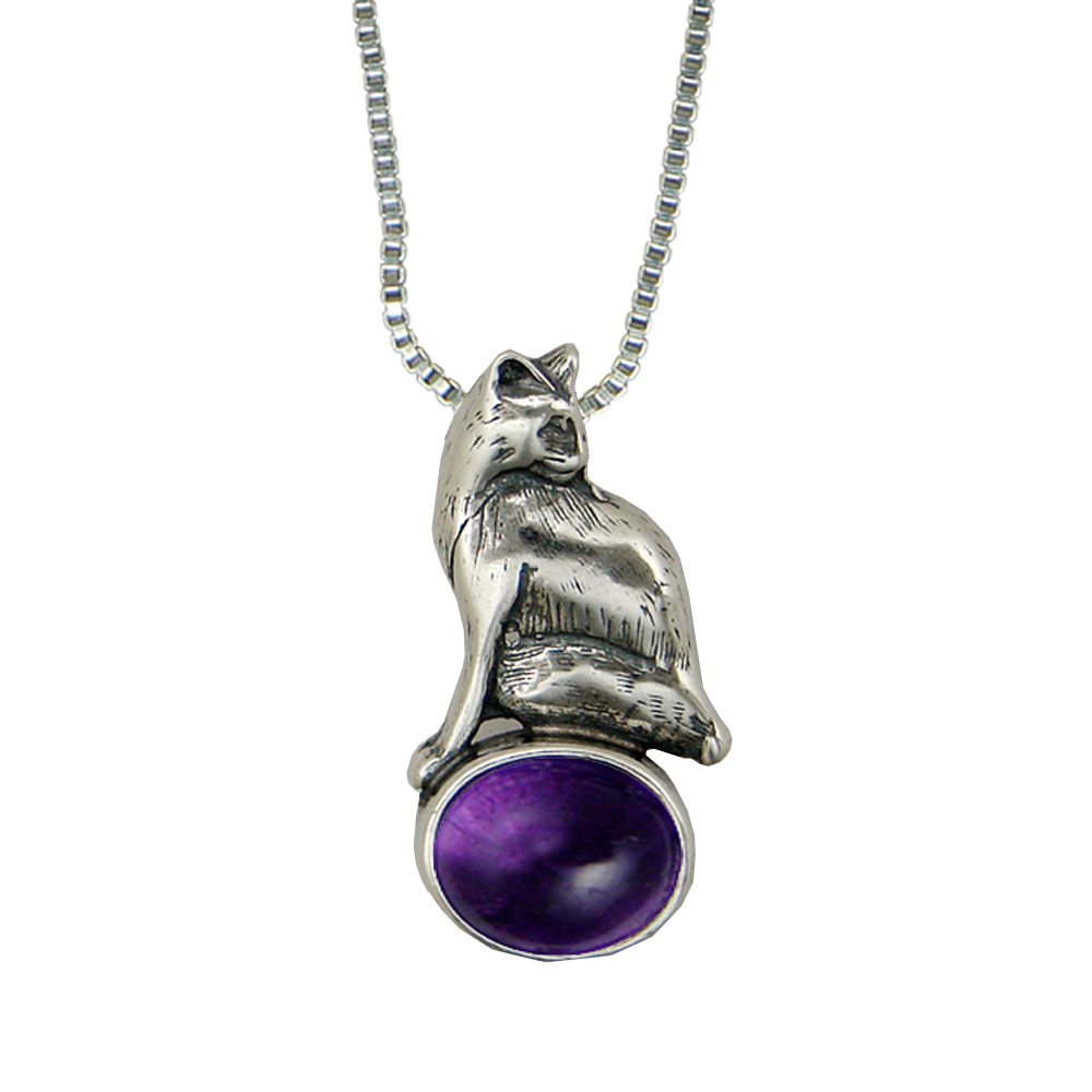 Sterling Silver Cat Looking For Mouse Pendant With Amethyst